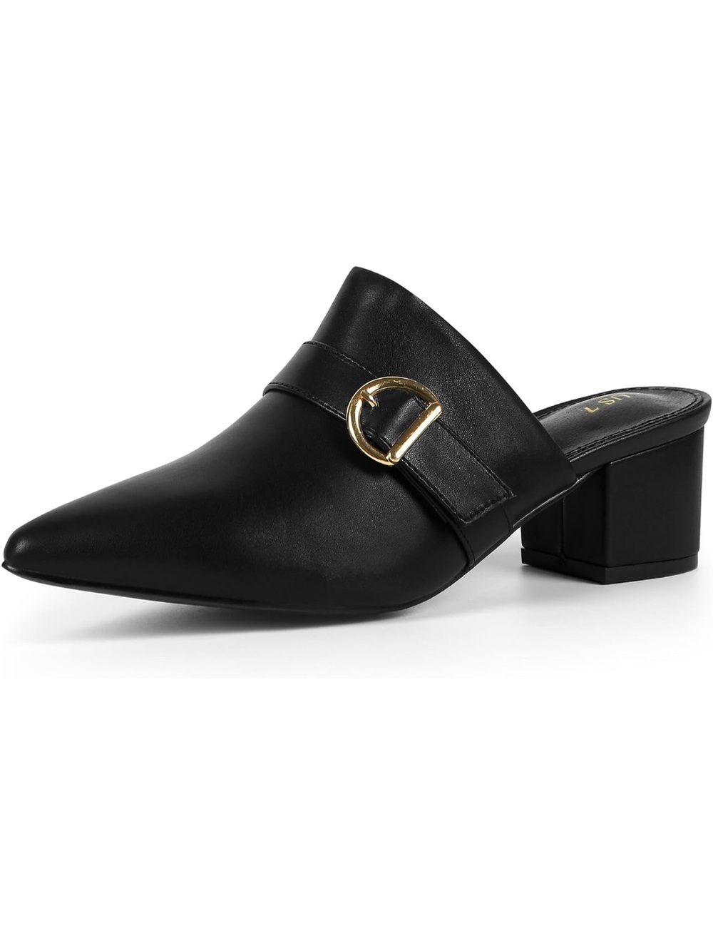 Perphy Black Pointed Toe Slip-On Mule with Gold Buckle